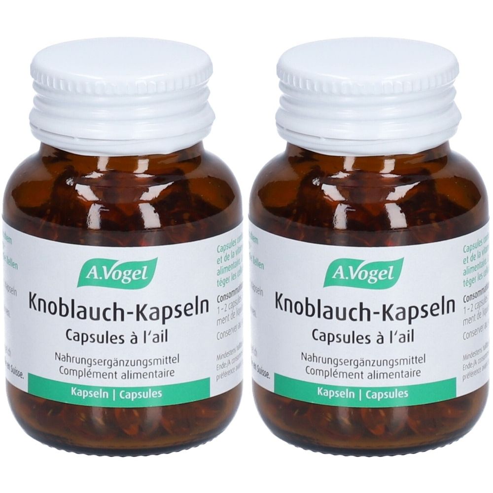 Zwei braune Glasflaschen mit weißen Deckeln. Auf den Etiketten steht "A.Vogel Knoblauch-Kapseln".