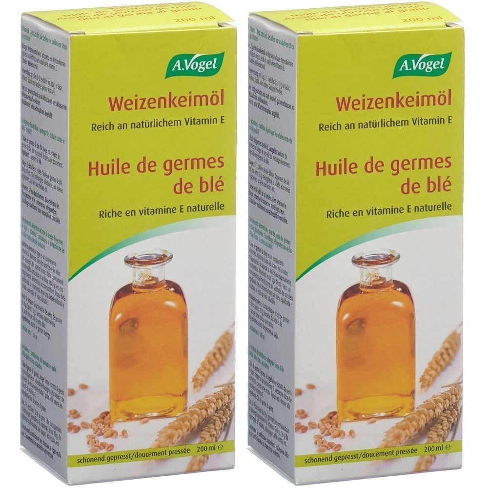 Zwei Kartons mit A. Vogel Weizenkeimöl. Aufschrift: Reich an natürlichem Vitamin E. Flasche mit Öl und Weizenähren.