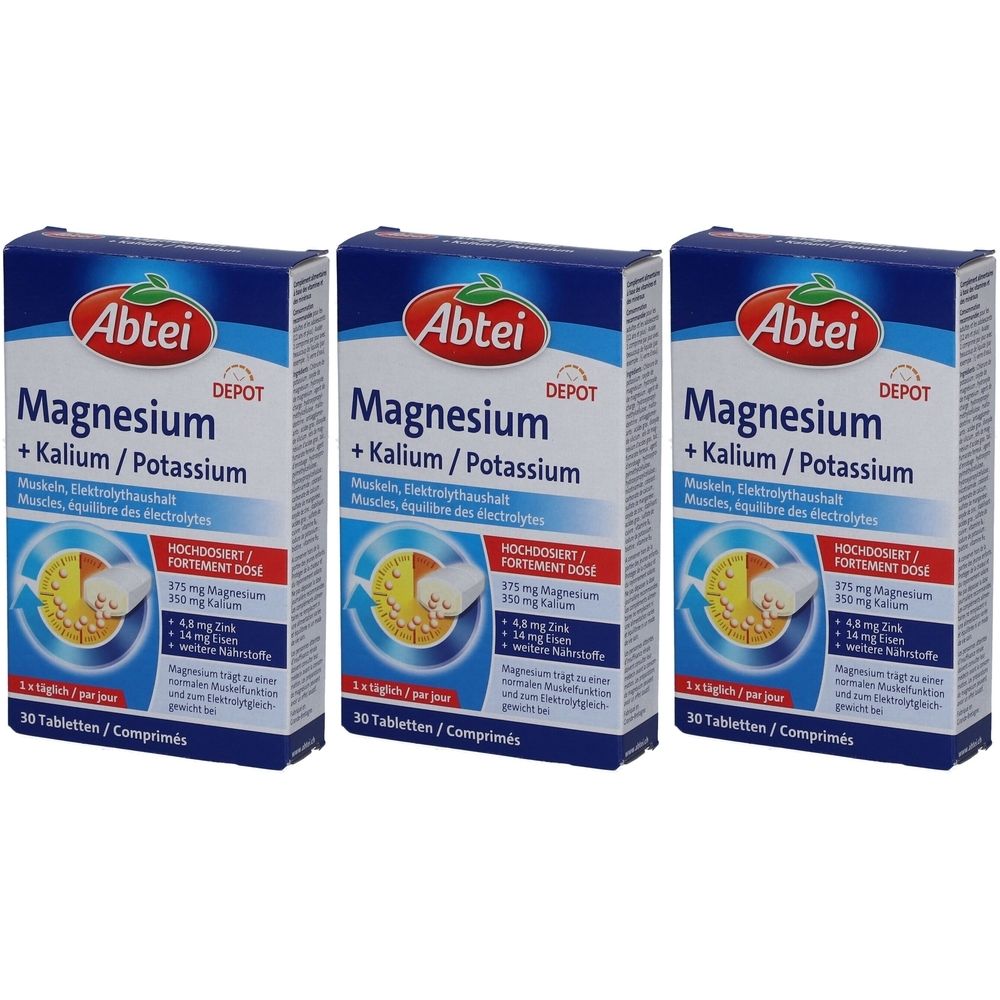 Drei Schachteln ABTEI Magnesium + Kalium. Blaue Verpackung mit weißer Schrift. Enthält 30 Tabletten. Aufschrift: Depot, hochdosiert.