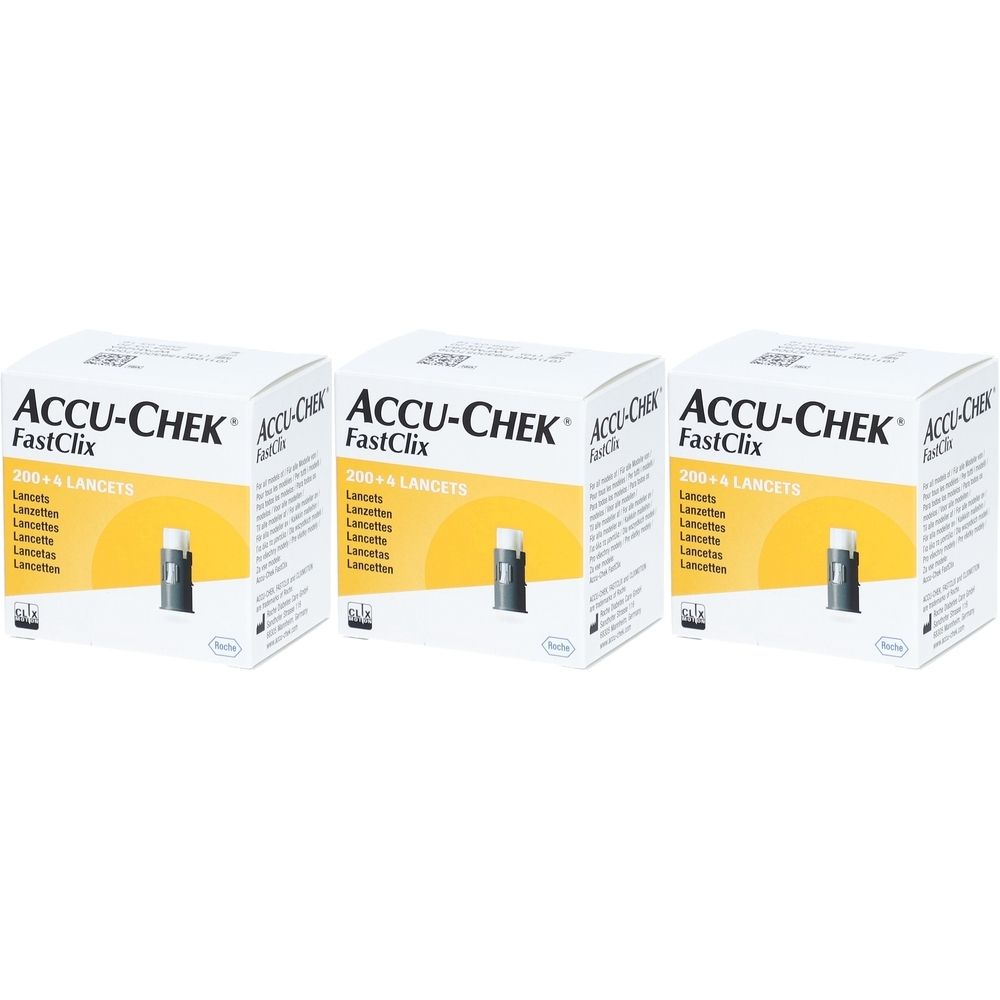 Drei Packungen ACCU-CHEK FastClix Lanzetten. Jede Packung enthält 200+4 Lanzetten. Weiße Schachteln mit gelbem Akzent und Produktlogo.