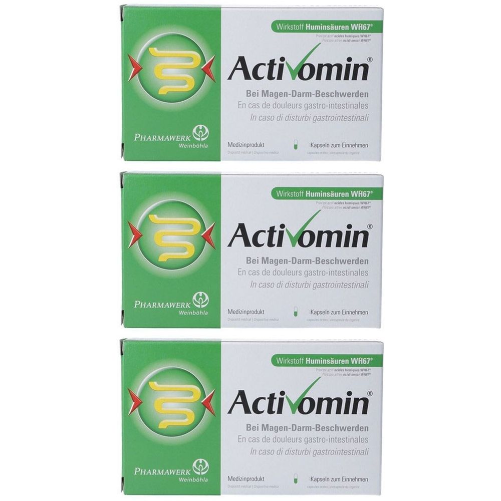 Drei Schachteln Activomin. Weiße Schachteln mit grünem Rand und gelbem Logo. Text: Bei Magen-Darm-Beschwerden.