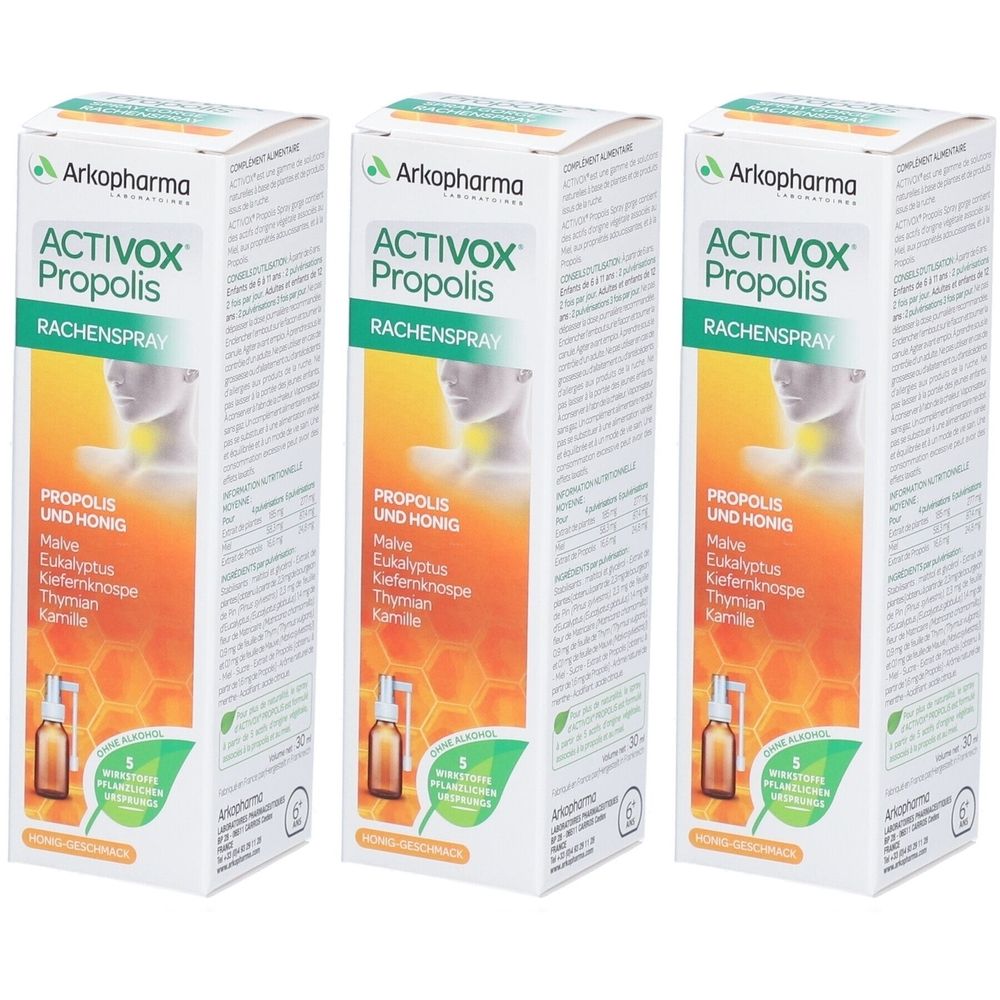 Trois boîtes de spray Activox Propolis. Inscription: Activox Propolis, spray pour la gorge, propolis et miel. Illustration d'un spray.
