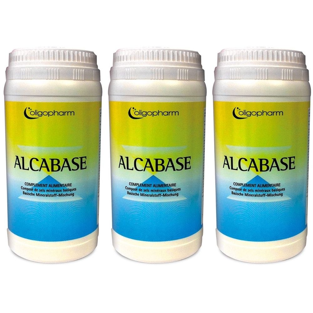 Drei zylindrische Behälter mit weißem Deckel. Aufschrift "Oligopharm Alcabase" mit blauer, gelber und weißer Farbgebung. Text in Französisch.
