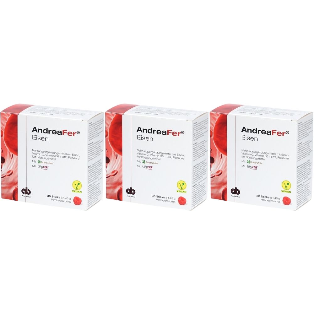 Drei Schachteln AndreaFer Eisen. Weiße Verpackung mit rotem Akzent. Aufschrift: AndreaFer Eisen, Vitamin C, B6, B12, Folsäure.