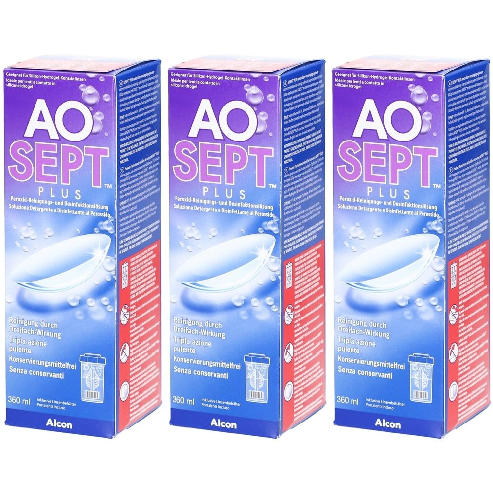 Drei Packungen AOSEPT PLUS. Lila-weiße Kartons mit Produktnamen und Kontaktlinsen-Abbildung. Alcon-Logo unten.