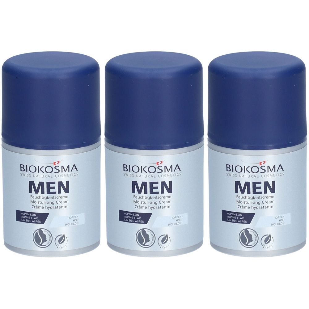 Trois crèmes avec couvercles bleus. Inscription: BIOKOSMA MEN Crème hydratante. Label végan.