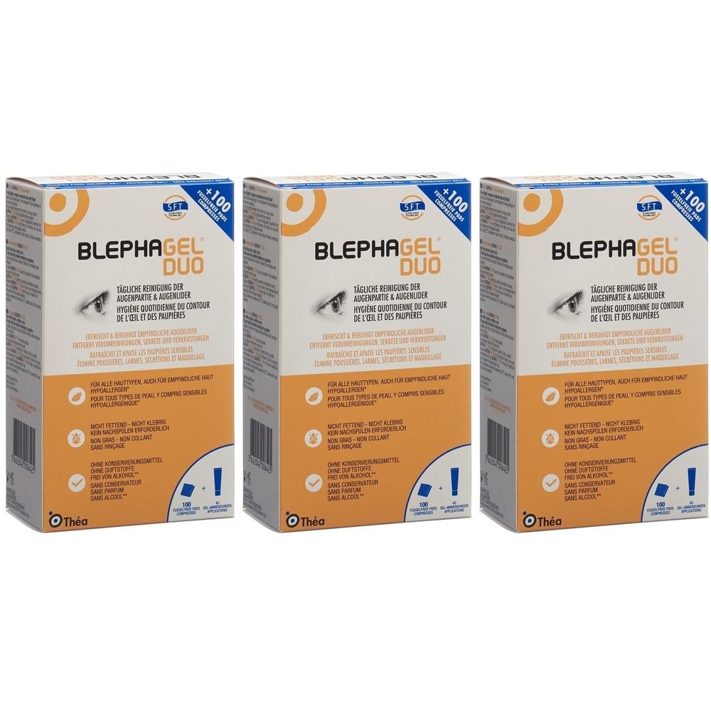 Drei Kartons BLEPHAGEL DUO. Aufschrift: Augenlidreinigung. Orangefarbene und blaue Elemente. Logo: +100.