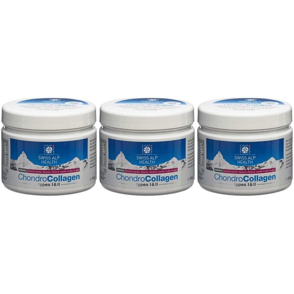 Drei weiße Tiegel mit Deckel. Auf den Etiketten steht "SWISS ALP HEALTH ChondroCollagen Types I & II".