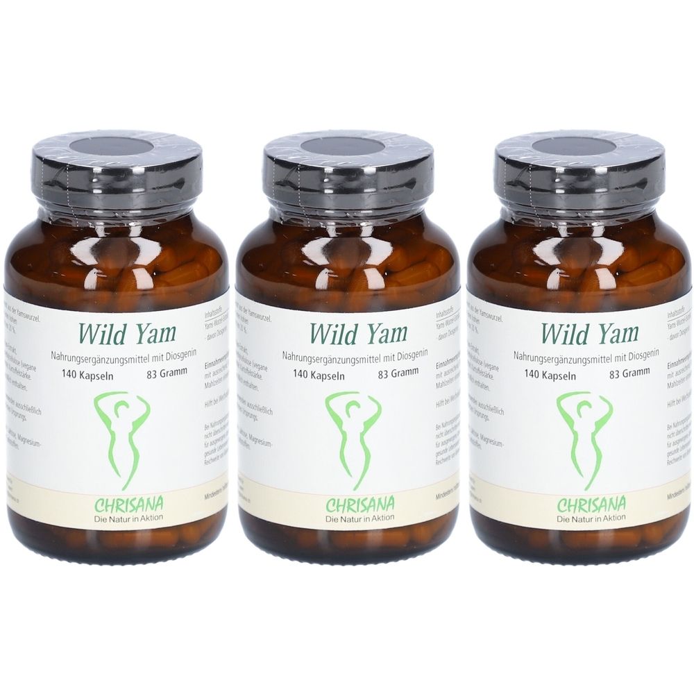 Drei Flaschen mit Kapseln. Aufschrift "Wild Yam", "CHRISANA". Braune Glasflaschen mit schwarzen Deckeln und weißen Etiketten.