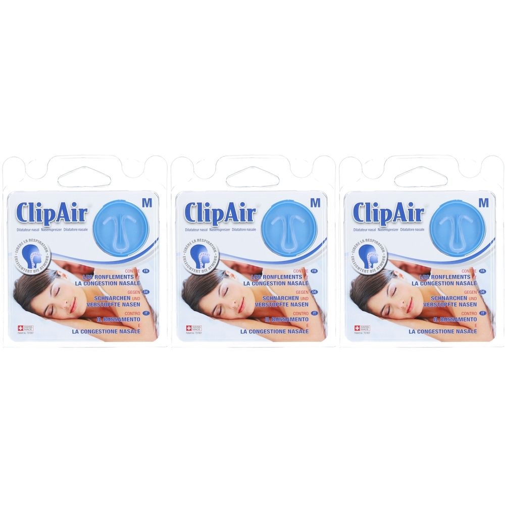 Drei Packungen CLIPAIR Nasendilatator M. Jede Packung zeigt ein blaues Nasenstück und eine schlafende Person. Text in Deutsch, Französisch und Italienisch.