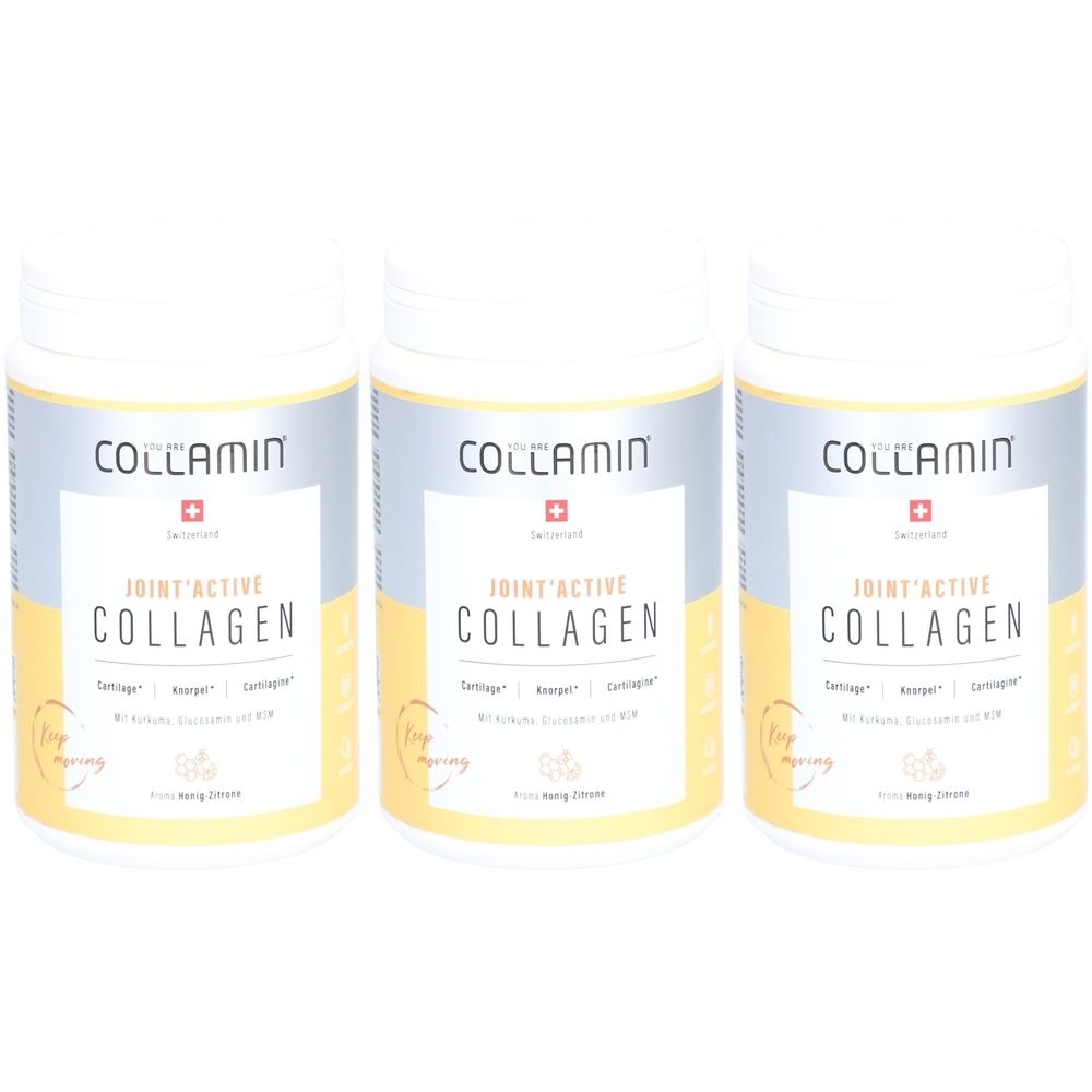 Drei weiße Dosen mit dem Aufdruck COLLAMIN, Schweizer Kreuz und Joint'Active Collagen. Gelber Hintergrund.