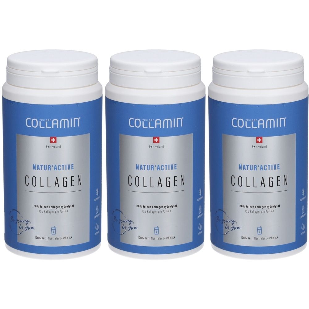 Drei zylindrische Behälter mit weißem Deckel und blauem Etikett. Auf dem Etikett steht COLLAMIN, Natur'Active COLLAGEN und ein Schweizer Kreuz.