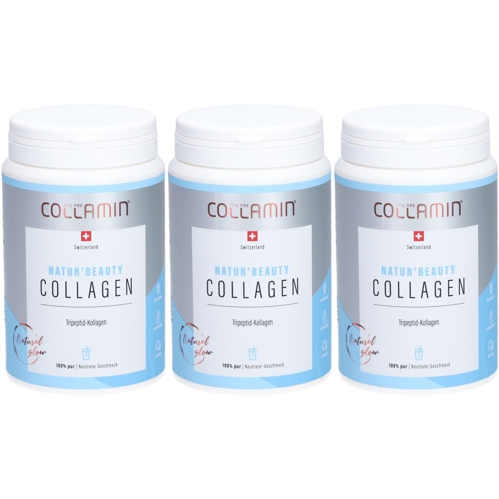 Drei weiße Dosen mit blau-silbernen Etiketten. Aufschrift: COLLAMIN, Natur'Beauty COLLAGEN, Tripeptid-Kollagen. Schweizer Kreuz.