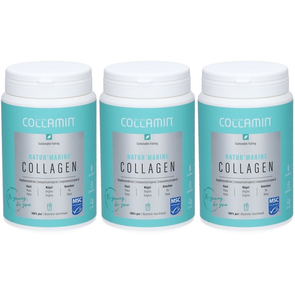 Drei zylindrische Behälter mit weißem Deckel. Aufschrift: COCCAMIN, Natur Marine Collagen. MSC-Zertifizierung.