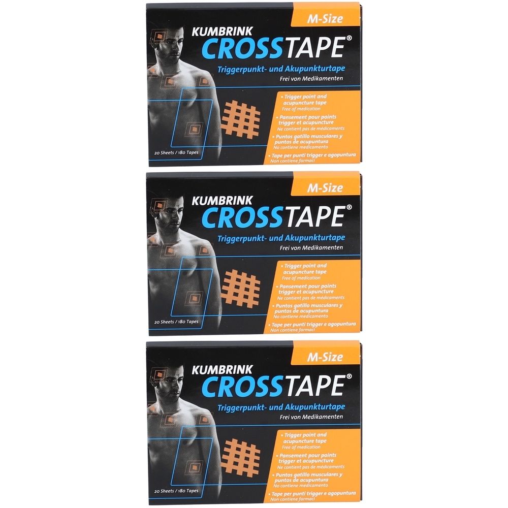 Drei Packungen CROSSTAPE Akupunkturpflaster. Auf jeder Packung ist ein Mann abgebildet, der die Anwendung zeigt. Aufschrift: KUMBRINK CROSSTAPE.
