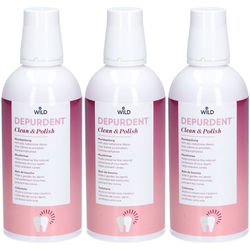 Trois flacons de bain de bouche avec bouchon blanc et étiquette rose. Inscription : DEPURDENT Clean & Polish.