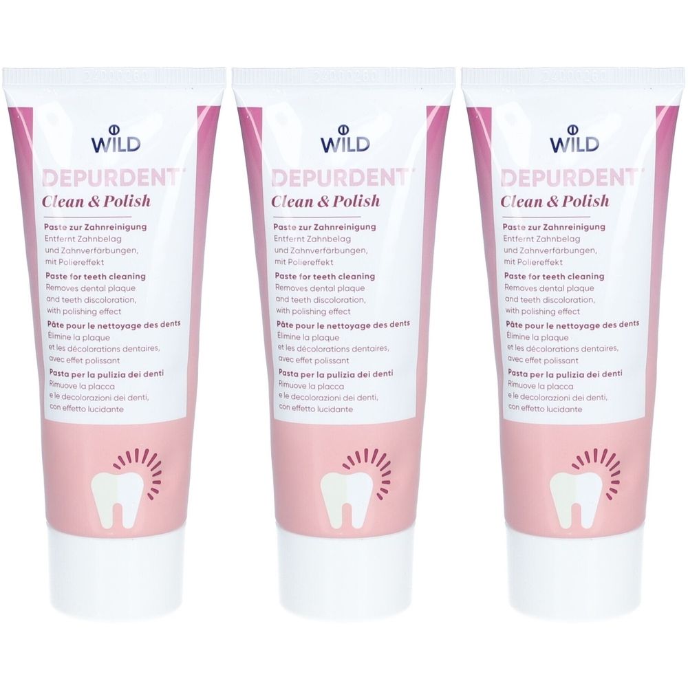 Drei Tuben Zahnpasta. Rosa-weiße Verpackung mit Produktnamen und Logo. Text in Deutsch, Englisch, Französisch und Italienisch.