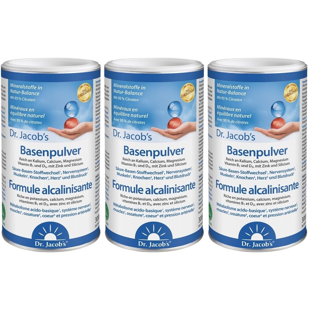 Trois boîtes de Dr. Jacob's Basenpulver. Boîtes bleues et blanches avec informations et logo.