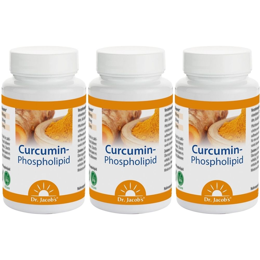Trois flacons blancs avec couvercles. Chaque flacon porte l'inscription "Curcumin-Phospholipid" et "Dr. Jacob's".