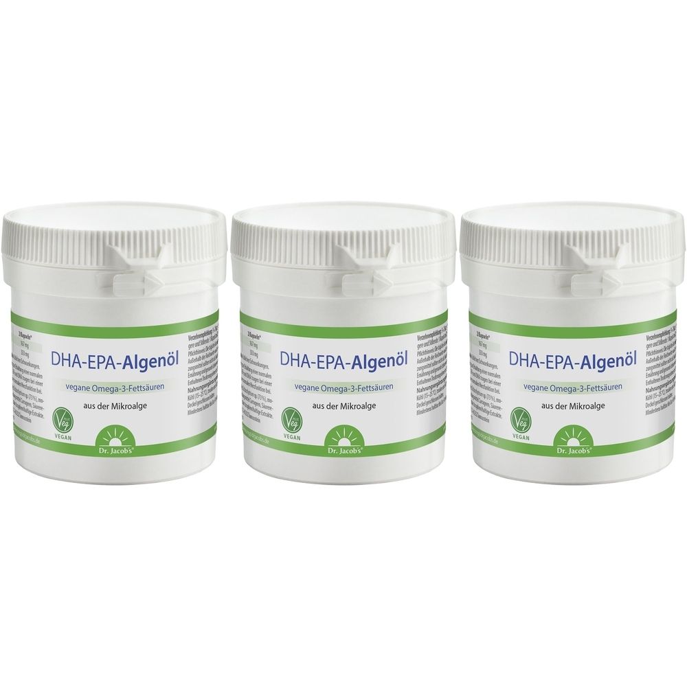 Trois pots blancs avec étiquette verte. Inscription: DHA-EPA-Algenöl. Marque: Dr. Jacob's. Vegan.