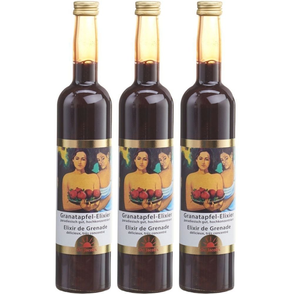 Drei Flaschen Dr. Jacob's Granatapfel-Elixier. Etikett mit Frauen und Granatäpfeln. Goldener Verschluss.