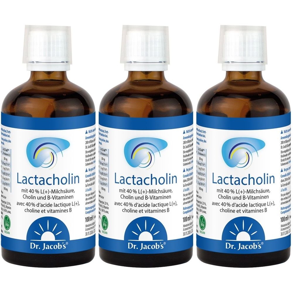Drei braune Flaschen mit weißem Deckel. Aufschrift: Lactacholin, mit 40% L(+)-Milchsäure, Cholin und B-Vitaminen. Marke: Dr. Jacob's.
