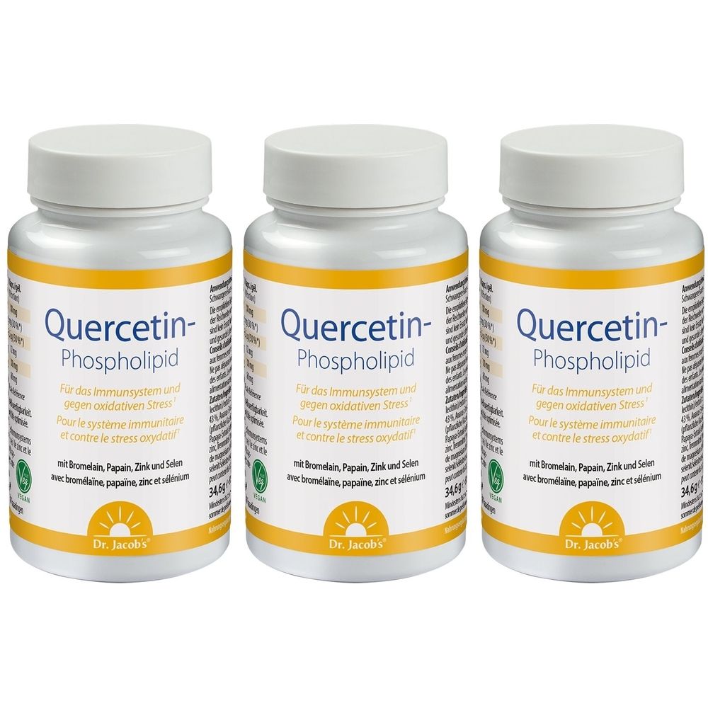 Drei weiße Pillendosen mit gelben Etiketten. Aufschrift: Quercetin-Phospholipid. Mit Dr. Jacob's Logo. Deckel sind weiß.