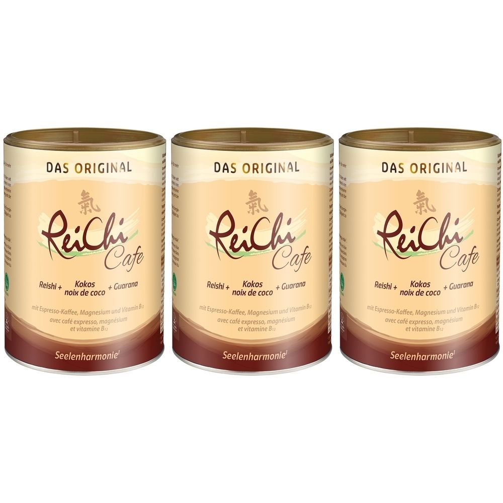 Drei Dosen mit dem Aufdruck "ReiChi Cafe". Aufschrift: "Das Original". Zutaten: Reishi, Kokos, Guarana. Braune und beige Farbtöne.