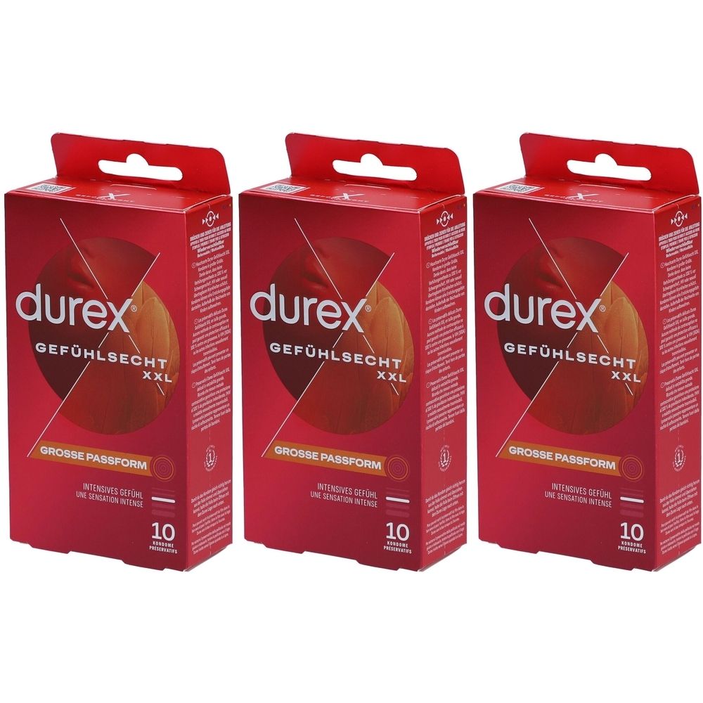 Drei rote Durex-Verpackungen. Auf jeder Packung steht "durex GEFÜHLSECHT XXL" und "GROSSE PASSFORM". Unten steht "10".