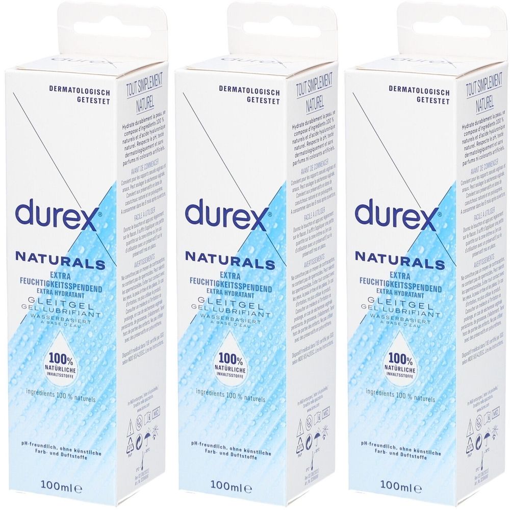 Drei weiße Kartons mit "durex NATURALS" Aufdruck. Text: Extra Feuchtigkeit, Gleitgel, 100% natürlich. Dermatologisch getestet.