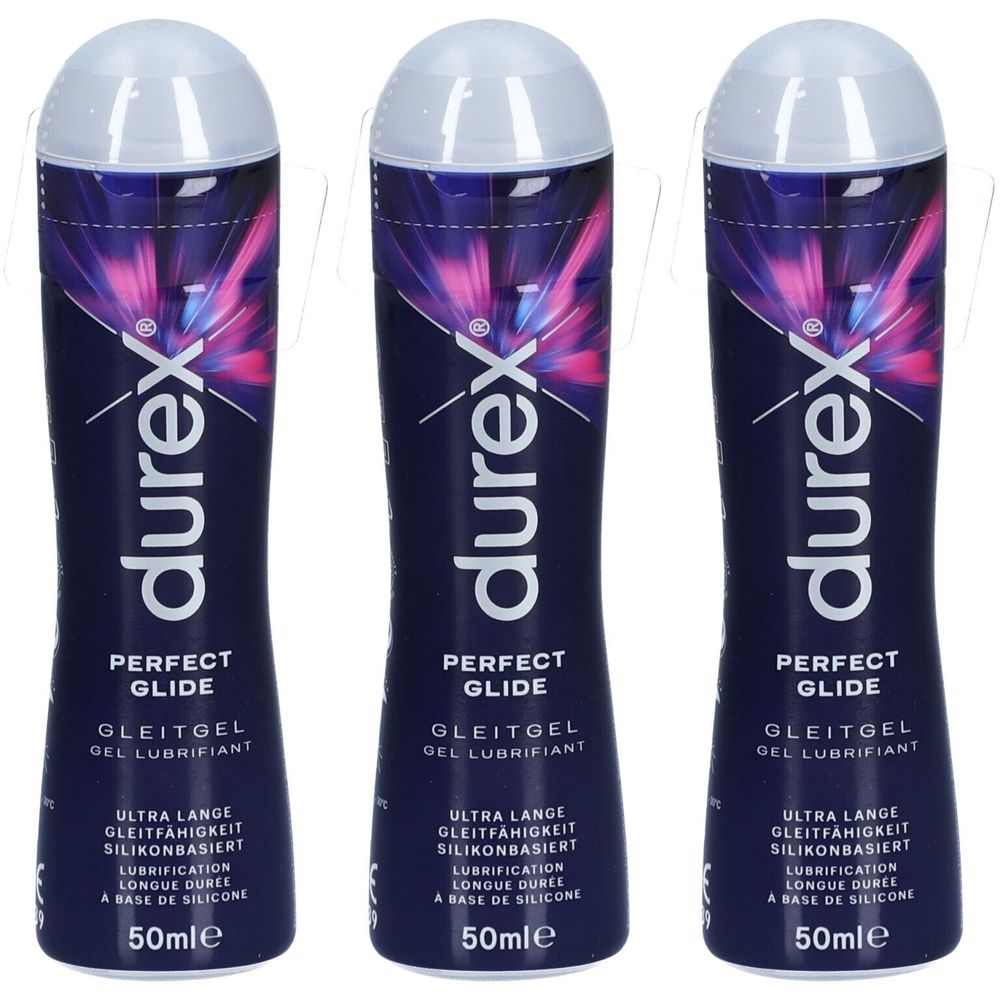 Drei Flaschen Durex Perfect Glide Gleitgel. Dunkelblaue Flaschen mit weißem Deckel. Text: Perfect Glide, Gleitgel, 50ml.