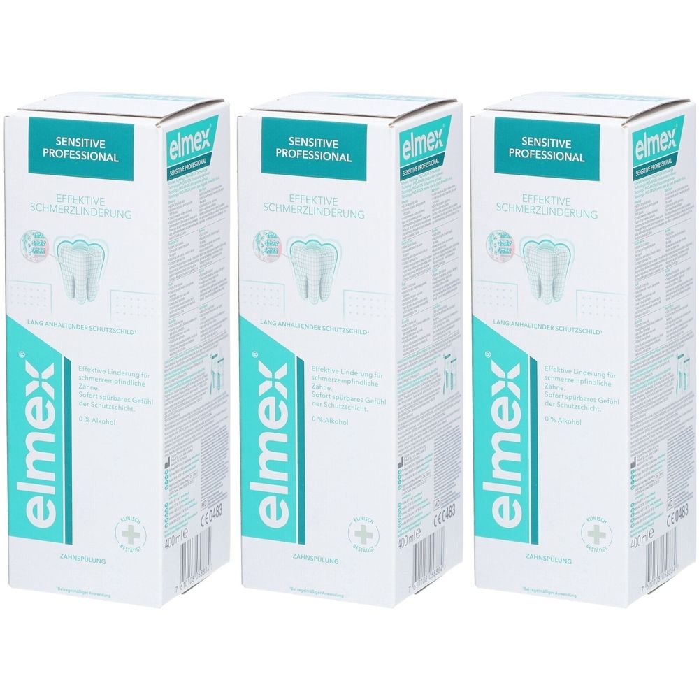 Drei Packungen Mundspülung. Weiße Kartons mit blauem Logo und Schriftzug 'elmex Sensitive Professional'.
