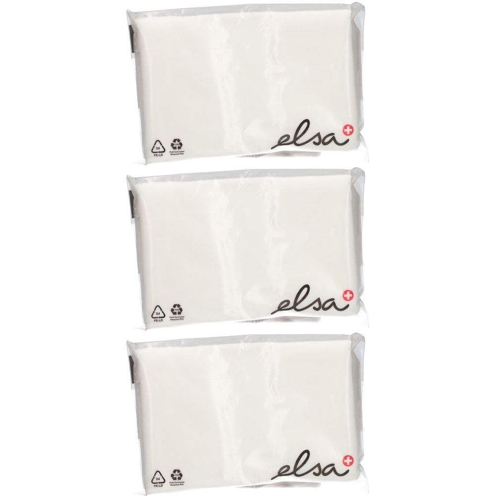 Trois taies d'oreiller emballées. Inscription "elsa" avec croix rouge. Symbole de recyclage.