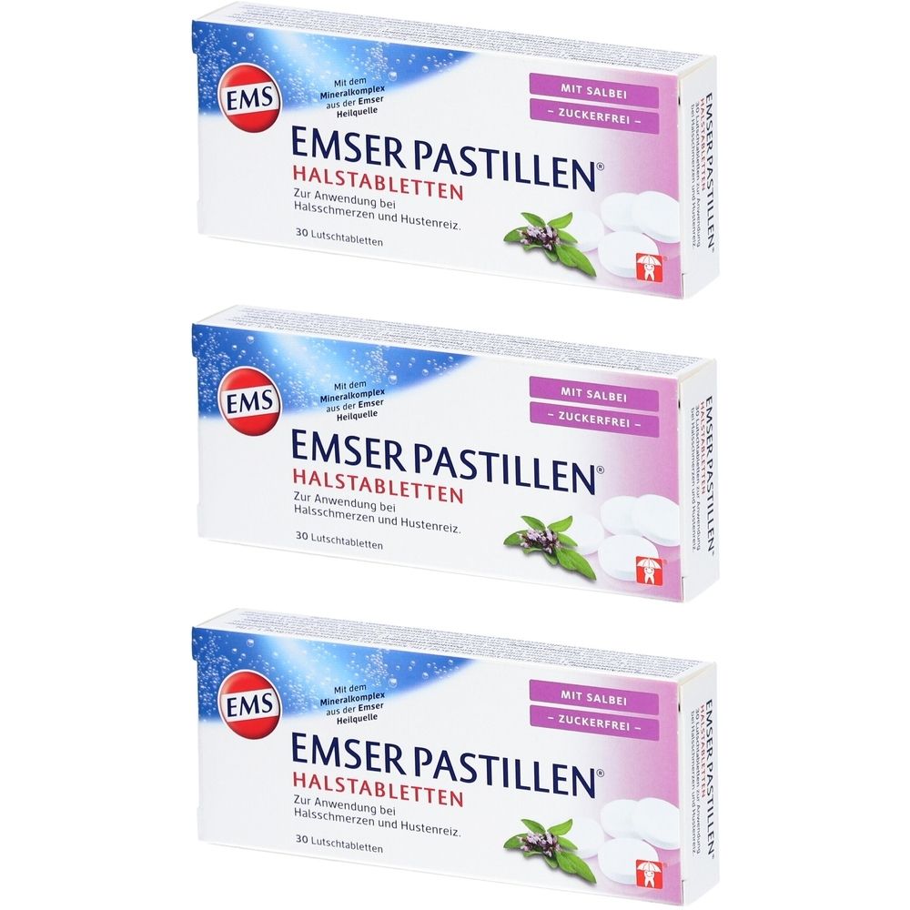 Drei Packungen Emser Pastillen. Weiße Schachteln mit blauer und rosa Beschriftung. Aufschrift: "Mit Salbei - Zuckerfrei".