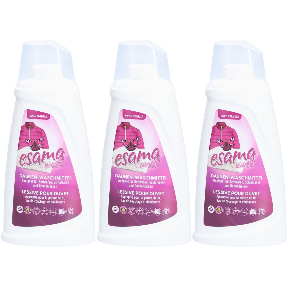 Drei weiße Flaschen mit transparenten Deckeln. Auf jeder Flasche befindet sich ein Etikett mit dem Logo "esama wash" und Text in deutscher und französischer Sprache.