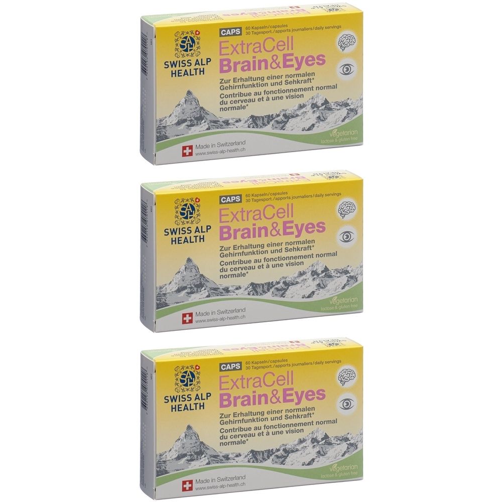 Drei Schachteln mit dem Produkt Swiss Alp Health ExtraCell Brain&Eyes. Gelbe Verpackung mit Text und Logo.