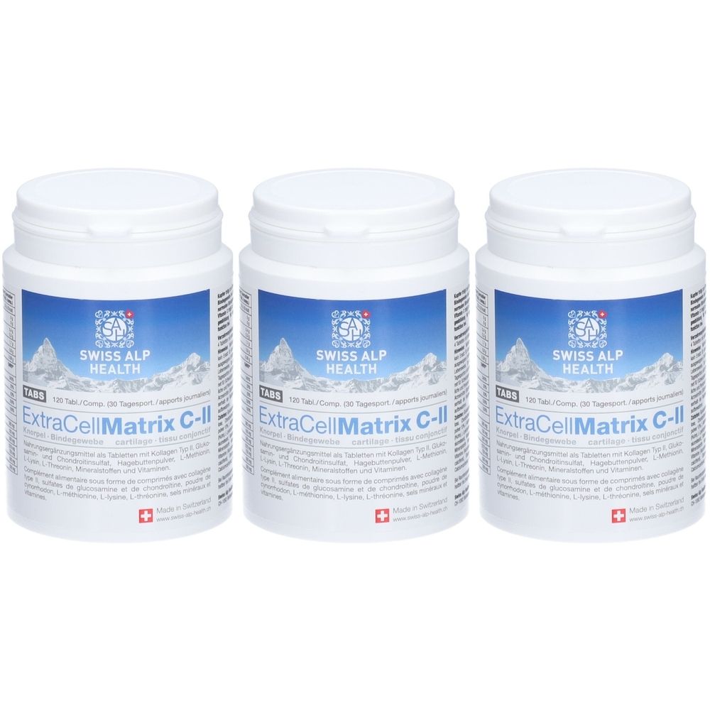 Drei weiße Tablettenbehälter mit blauen Etiketten. Auf den Etiketten steht "SWISS ALP HEALTH" und "ExtraCellMatrix C-II".