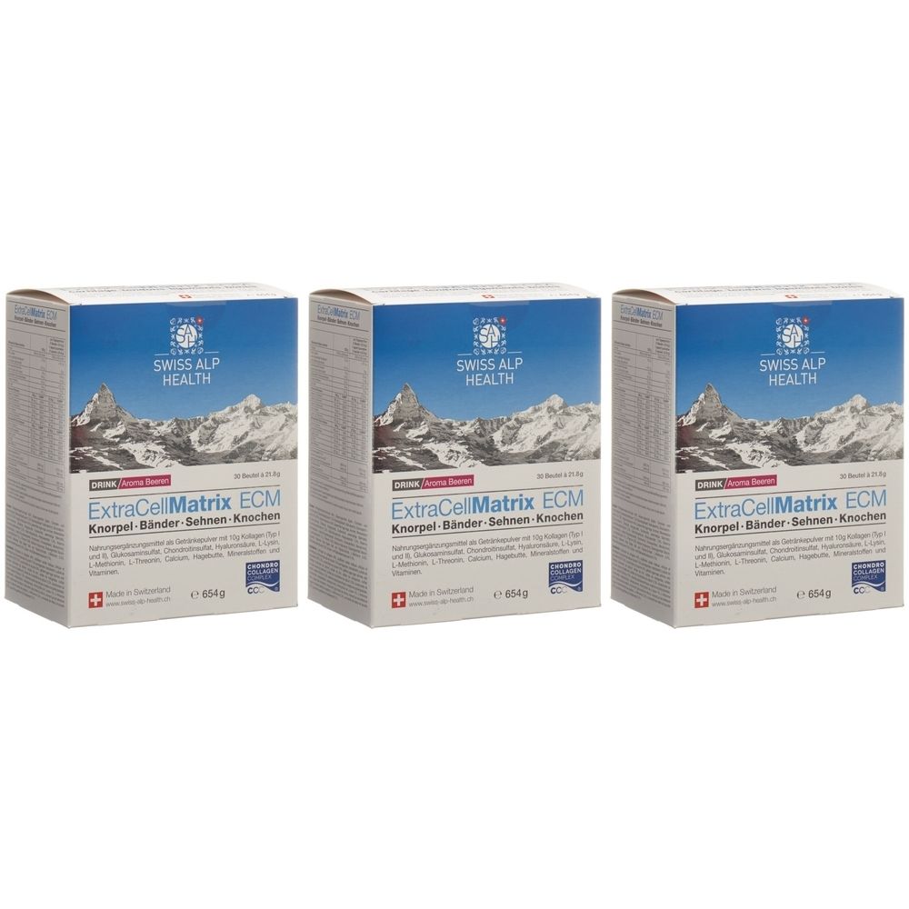 Trois boîtes "ExtraCellMatrix ECM". Inscription "SWISS ALP HEALTH". Croix suisse.