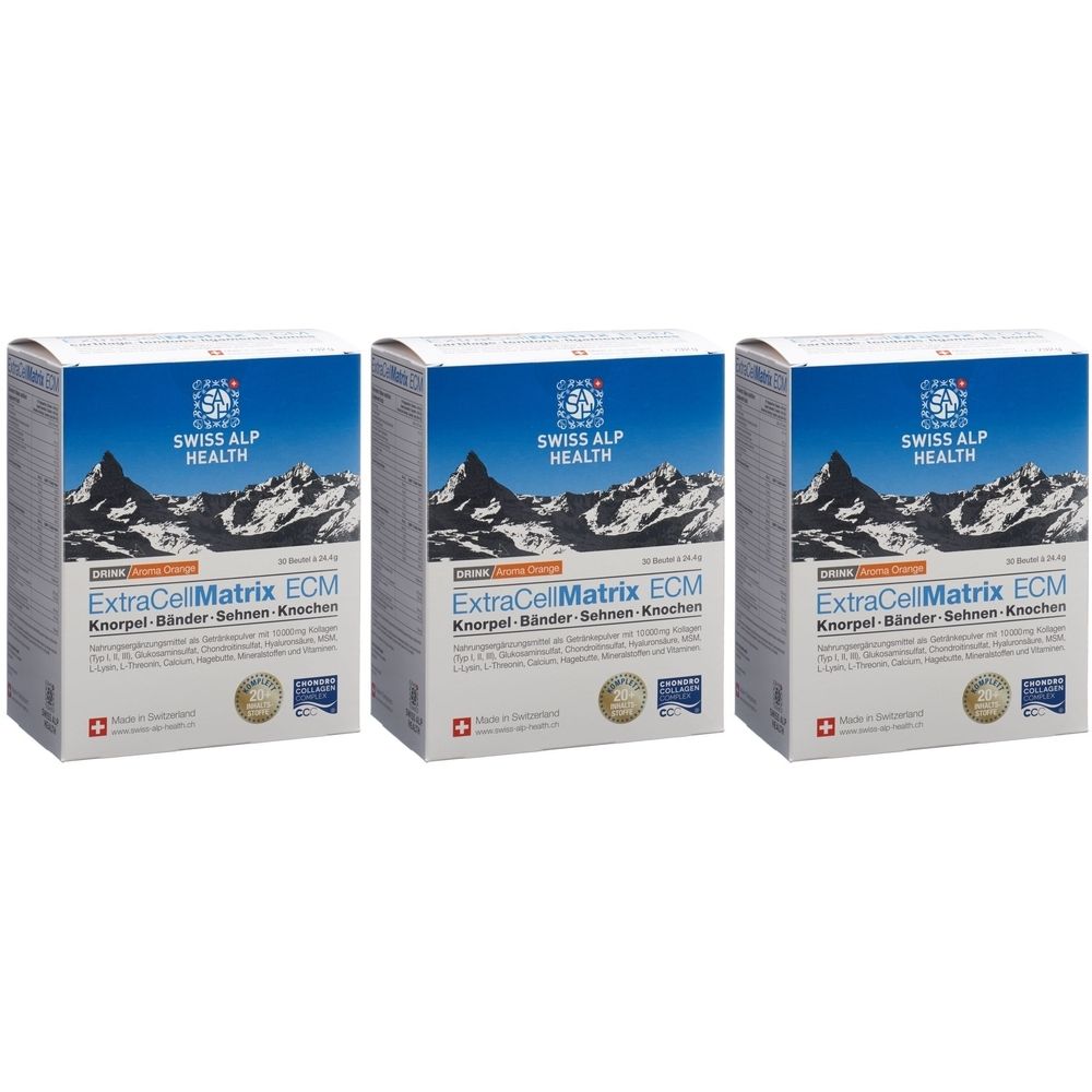 Drei Schachteln mit "ExtraCell Matrix ECM". Aufschrift "Swiss Alp Health". Berge im Hintergrund.