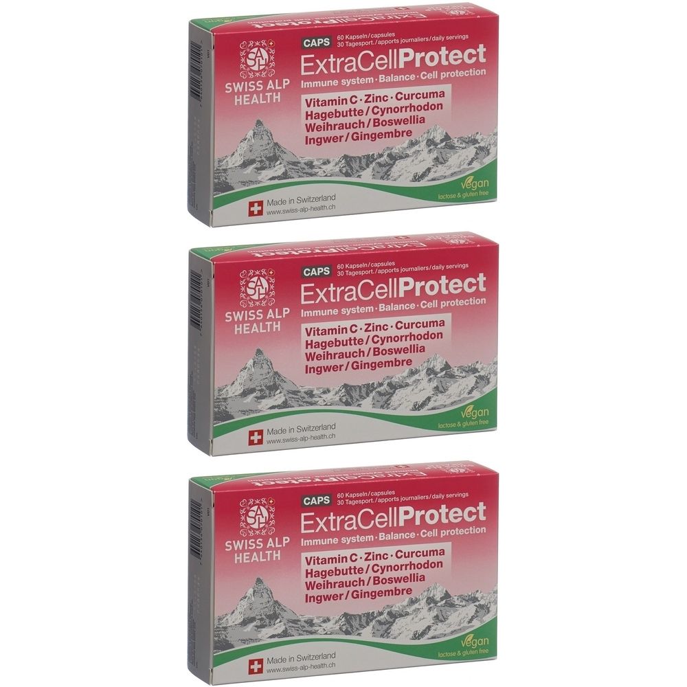 Drei Schachteln mit "ExtraCellProtect"-Kapseln. Rote Verpackung mit Produktnamen, Inhaltsstoffen und Schweizer Kreuz. Vegan-Siegel.
