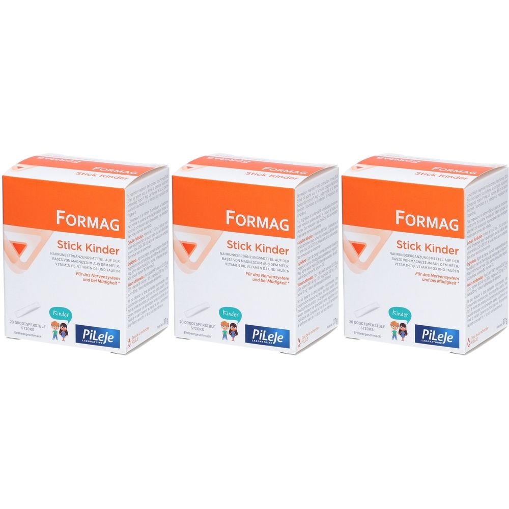 Drei Kartons mit der Aufschrift "FORMAG Stick Kinder". Orangefarbener Deckel, weißer Korpus. Logo von Pileje.