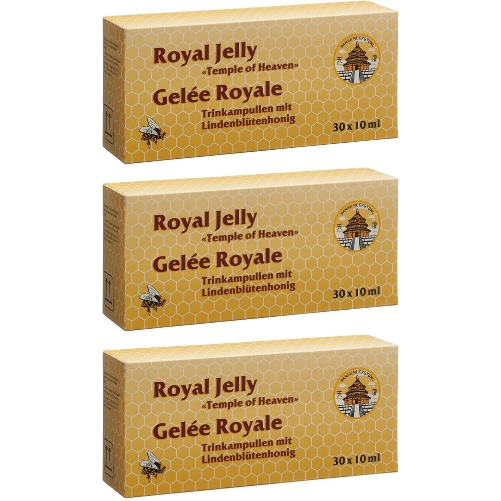 Drei Schachteln mit Royal Jelly Gelée Royale. Aufschrift: 30 x 10 ml. Logo mit Tempel. Honigwabenmuster.