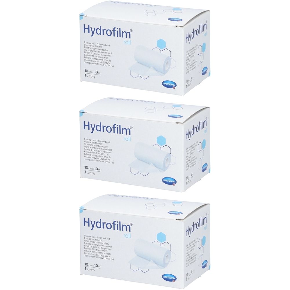 Drei Kartons Hydrofilm Roll. Aufdruck: transparente Folie, 10 cm x 10 m. Blaue und weiße Verpackung mit Produktabbildung.
