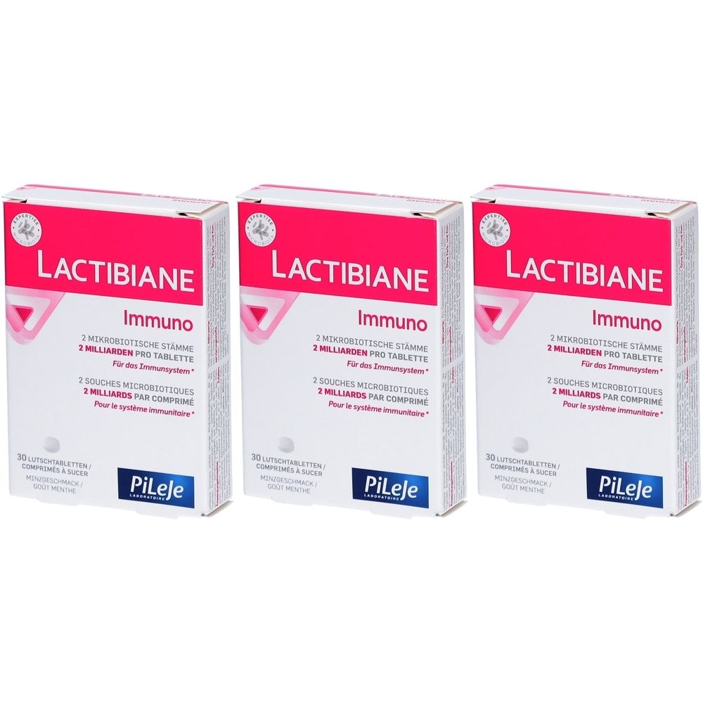 Trois boîtes de Lactibiane Immuno. Inscription : 2 milliards par comprimé. Marque Pileje.