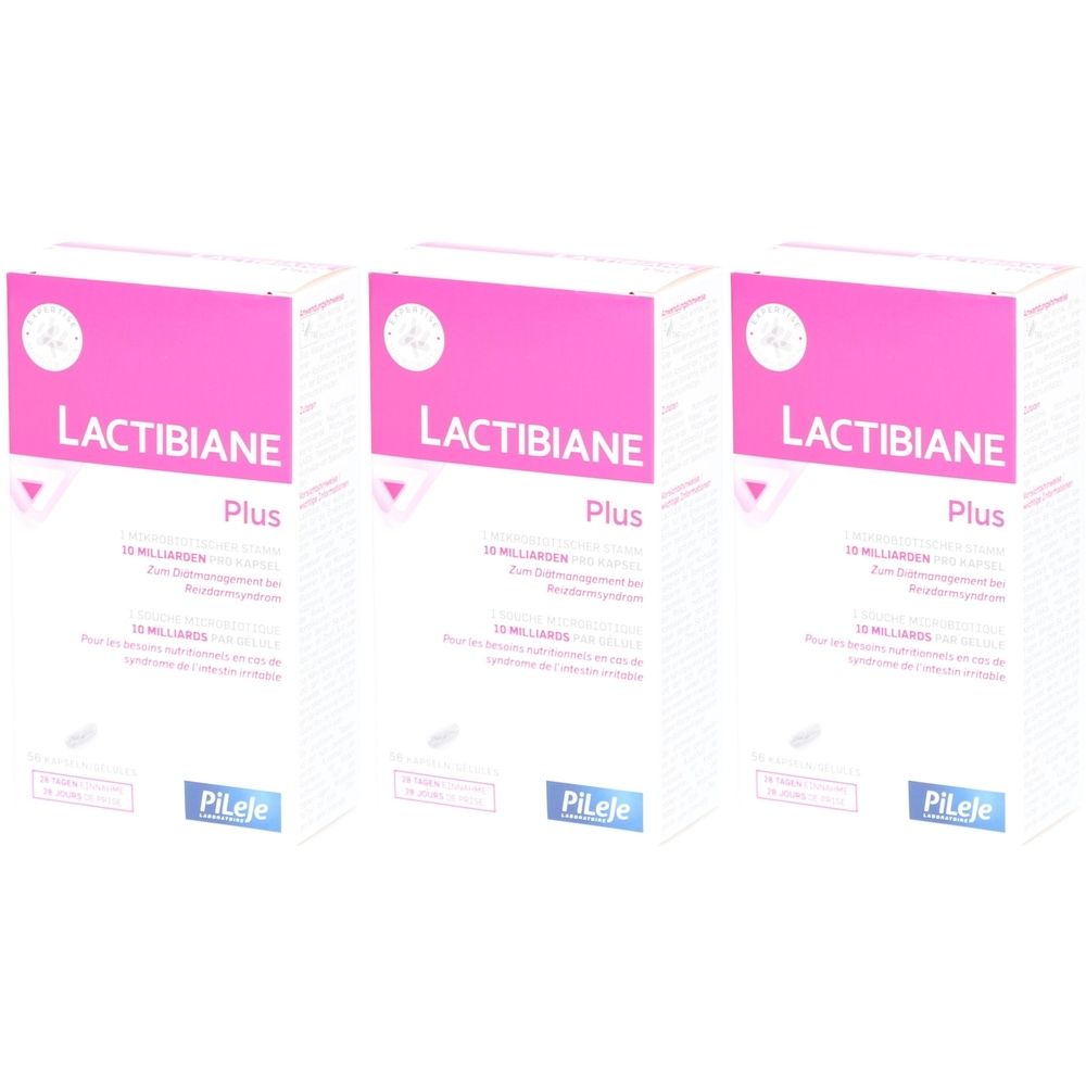 Drei Packungen mit der Aufschrift "LACTIBIANE Plus". Rosa und weiße Verpackung. Text in deutscher und französischer Sprache. Logo von Pileje.