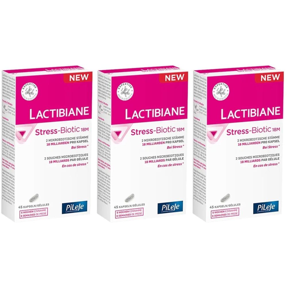 Drei Schachteln LACTIBIANE Stress-Biotic 18M. Weiße Verpackung mit pinkfarbenen Akzenten. Text: LACTIBIANE, Stress-Biotic 18M, PiLeje.