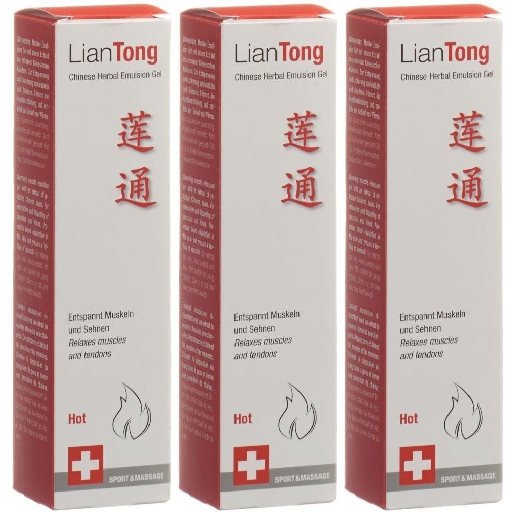 Drei Schachteln LIANTONG Chinese Herbal Emulsion Gel. Weiße Schachteln mit roter Schrift und Logo. Text: Entspannt Muskeln und Sehnen.
