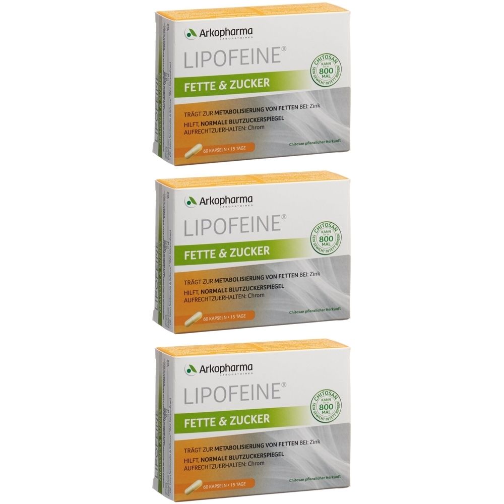 Trois boîtes de Arkopharma Lipofeine Fette & Zucker. Boîtes blanches avec texte vert et orange. Inscription : LIPOFEINE.