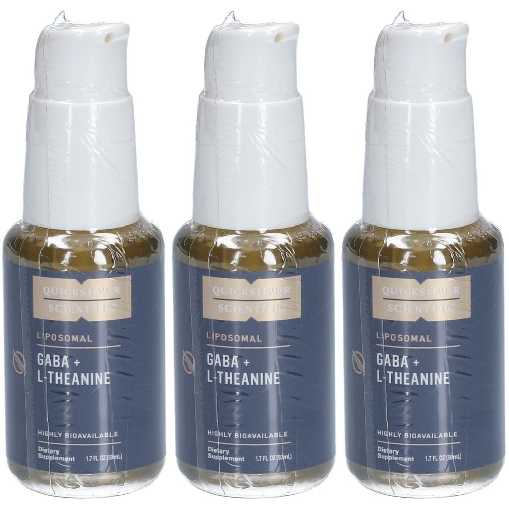Trois flacons avec pompe blanche et étiquette bleu et blanc. Inscription : Liposomal GABA + L-Théanine. 1.7 fl oz (50 ml).
