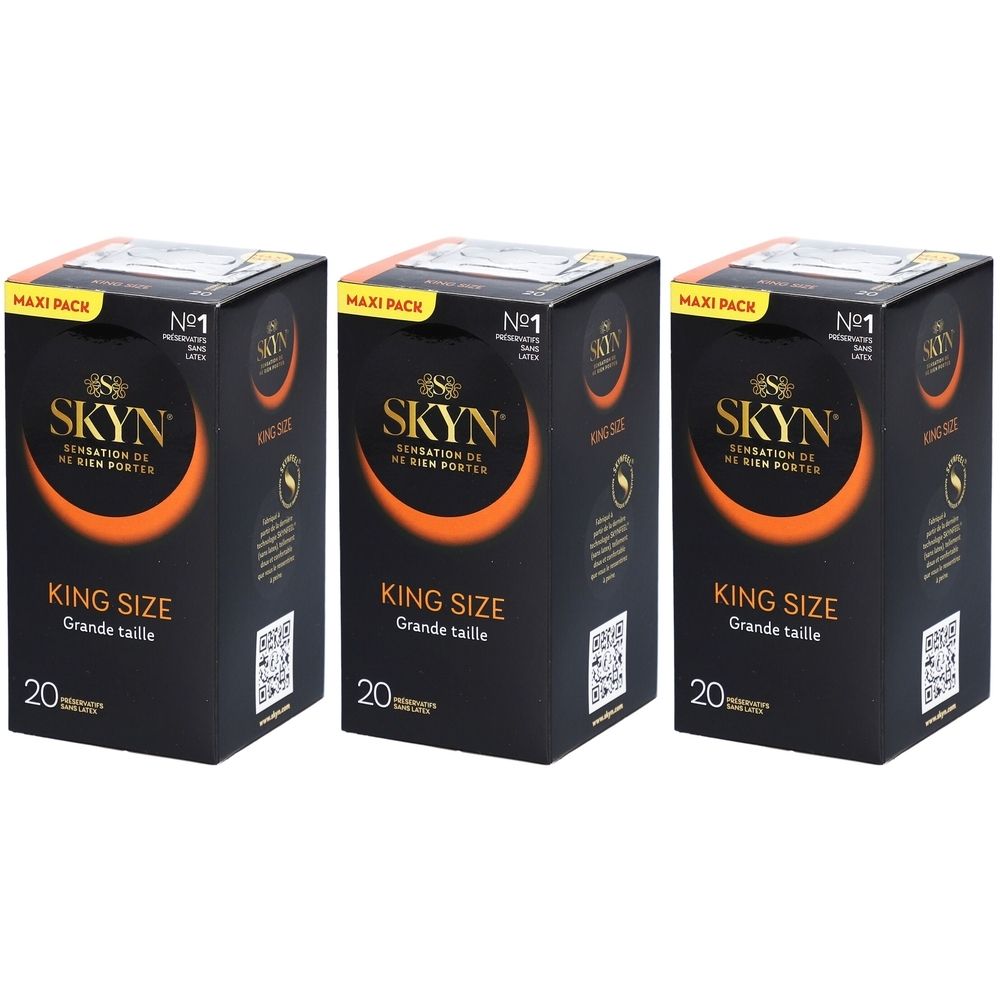 Trois boîtes noires avec logo SKYN et texte. Inscription: KING SIZE, 20 préservatifs. Maxi Pack.